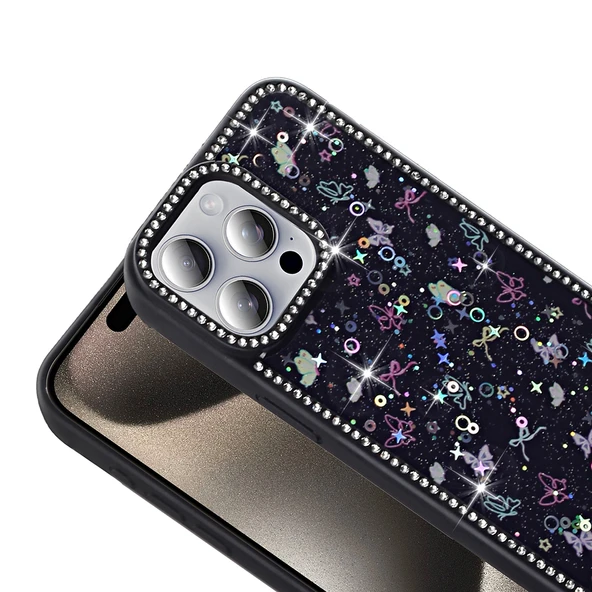 Apple iPhone 15 Pro Kılıf Taşlı ve Simli Tasarım  Azra Kapak - Resim 7