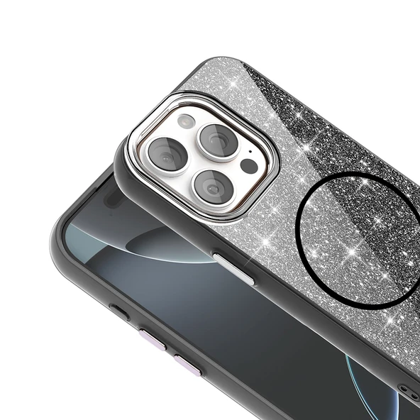 Apple iPhone 15 Pro Max Kılıf M-safe Şarj Özellikli Parlayan Simli  Okso Kapak - Resim 5