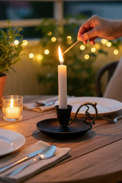 Metal Nostalji Mumluk & El Şamdanı Kendinden Iğneli Mum Hediyeli Mat Siyah Antik Kulp Turna2623-4 ürün görseli 1