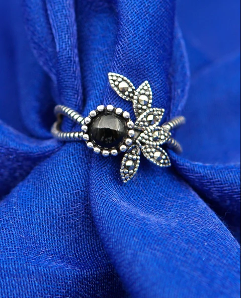 925 Ayar Kadın Gümüş Oltu Taşı Yüzük sy00058 - Resim 3