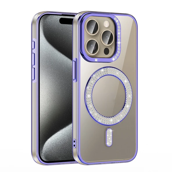 Apple iPhone 15 Pro Max Kılıf Pırlanta Taş Tasarımlı M-safe Şarj Özellikli  Karetta Silikon Kapak - Resim 3