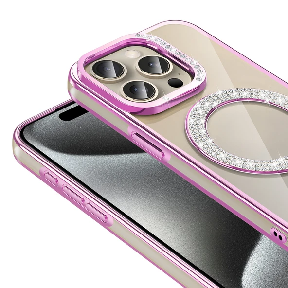 Apple iPhone 15 Pro Kılıf Pırlanta Taş Tasarımlı M-safe Şarj Özellikli  Karetta Silikon Kapak - Resim 4