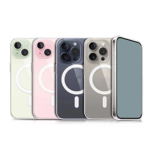 Apple iPhone 15 Pro Max Kılıf M-safe Şarj Özellikli Şeffaf Sert PC  Embos Kapak - Resim 5