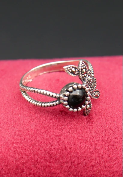 925 Ayar Kadın Gümüş Oltu Taşı Yüzük sy00058 - Resim 2