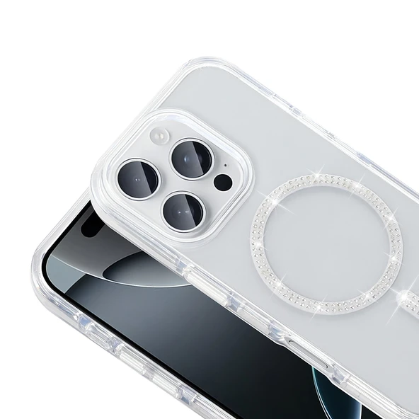 Apple iPhone 15 Pro Max Kılıf Taşlı Tasarım M-safe Şarj Özellikli  Koment Silikon Kapak - Resim 3