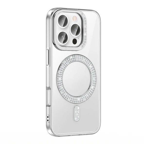 Apple iPhone 16 Pro Max Kılıf Pırlanta Taş Tasarımlı M-safe Şarj Özellikli  Karetta Silikon Kapak ürün görseli