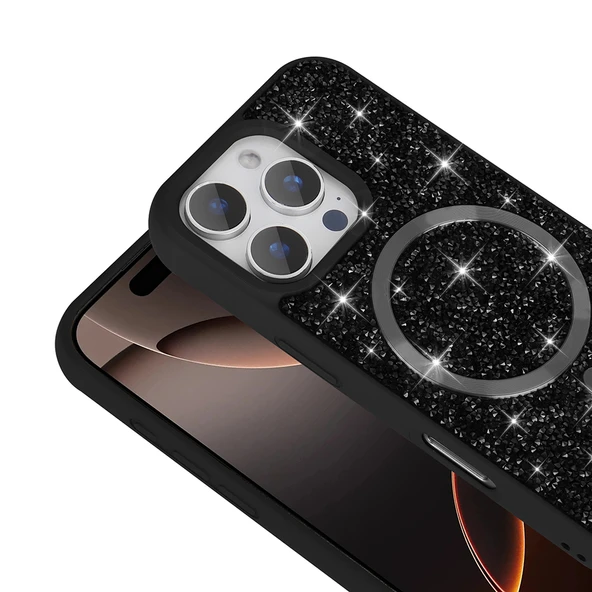 Apple iPhone 16 Pro Max Kılıf Pırlanta Tasarımlı M-safe Şarj Özellikli  Mozaik Silikon Kapak - Resim 6
