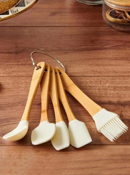 BAMBU SAPLI SLİKON UÇLU 5 PARÇA MİNİ SPATULA KAŞIK FIRÇA SETİ - 3
