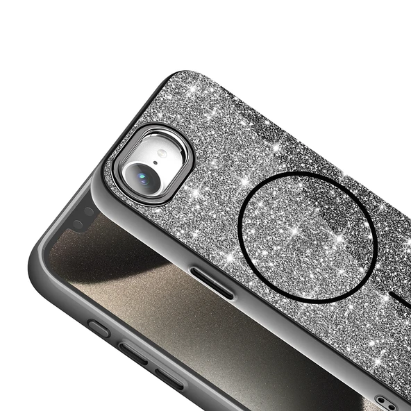 Apple iPhone 16E Kılıf M-safe Şarj Özellikli Parlayan Simli  Okso Kapak - Resim 4