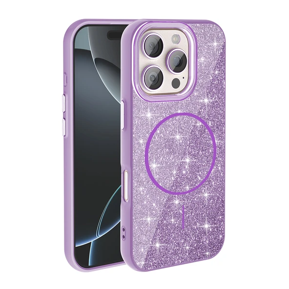 Apple iPhone 16 Pro Kılıf M-safe Şarj Özellikli Parlayan Simli  Okso Kapak ürün görseli