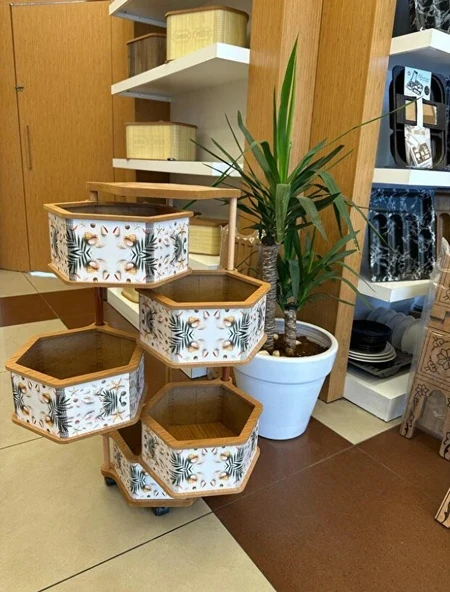 Ahşap Altıgen Sebzelik 5 Katlı Yana Açılır Patates Soğan Tekerlekli Sebzelik Deniz - Resim 2