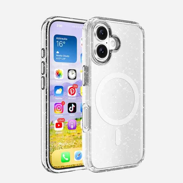 Apple iPhone 16 Plus Kılıf M-safe Şarj Özellikli Parlayan Simli Saydam Renkli  Allstar Kapak ürün görseli