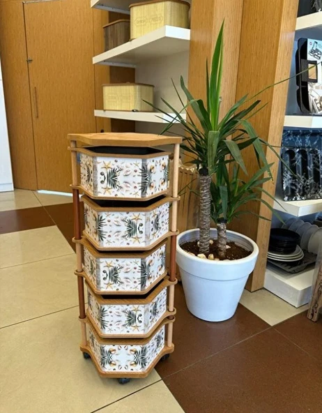 Ahşap Altıgen Sebzelik 5 Katlı Yana Açılır Patates Soğan Tekerlekli Sebzelik Deniz ürün görseli 1