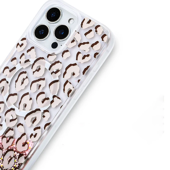 Apple iPhone 16 Pro Max Kılıf Sıvılı Simli Baskılı Şeffaf Arka Yüzey  Mossa Silikon Kapak - Resim 3