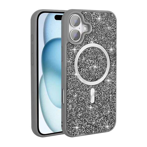 Apple iPhone 16 Pro Kılıf Pırlanta Tasarımlı M-safe Şarj Özellikli  Mozaik Silikon Kapak - Resim 4