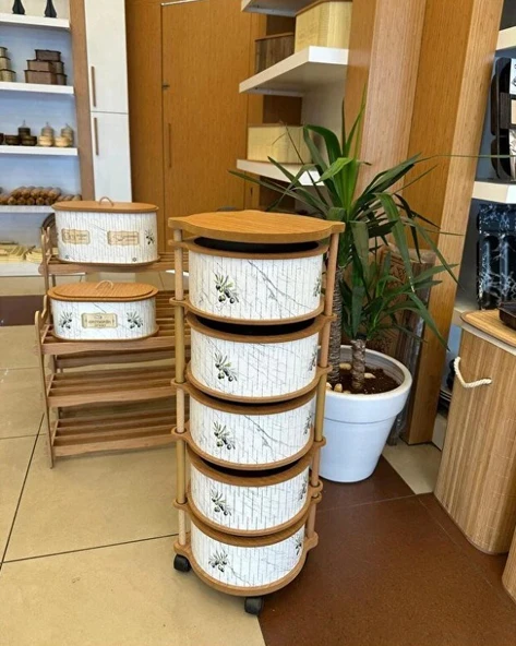 Ahşap Yuvarlak Zeytin Sebzelik 5 Katlı Yana Açılır Patates Soğan Tekerlekli Sebzelik ürün görseli 1