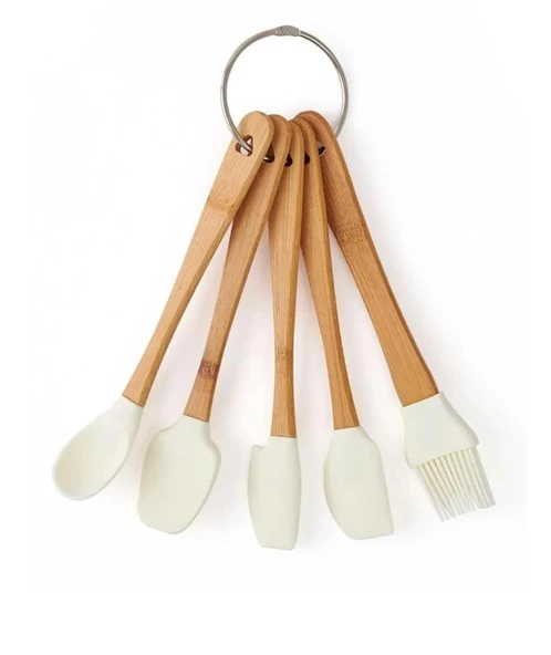 BAMBU SAPLI SLİKON UÇLU 5 PARÇA MİNİ SPATULA KAŞIK FIRÇA SETİ - 2