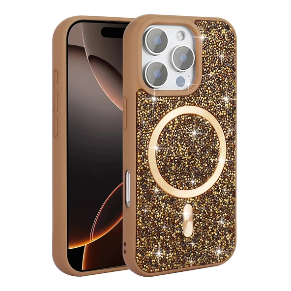 Apple iPhone 16 Pro Max Kılıf Pırlanta Tasarımlı M-safe Şarj Özellikli  Mozaik Silikon Kapak - Resim 3