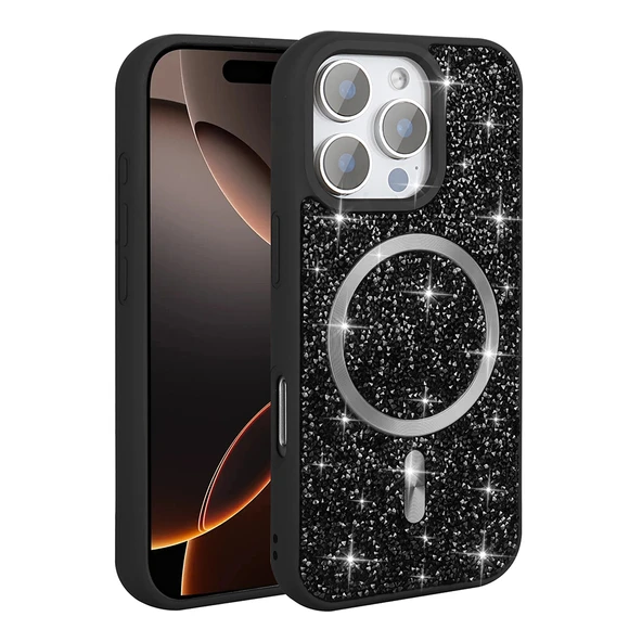 Apple iPhone 16 Pro Max Kılıf Pırlanta Tasarımlı M-safe Şarj Özellikli  Mozaik Silikon Kapak - Resim 5