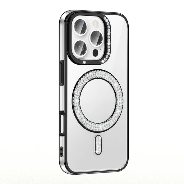 Apple iPhone 16 Pro Kılıf Pırlanta Taş Tasarımlı M-safe Şarj Özellikli  Karetta Silikon Kapak ürün görseli