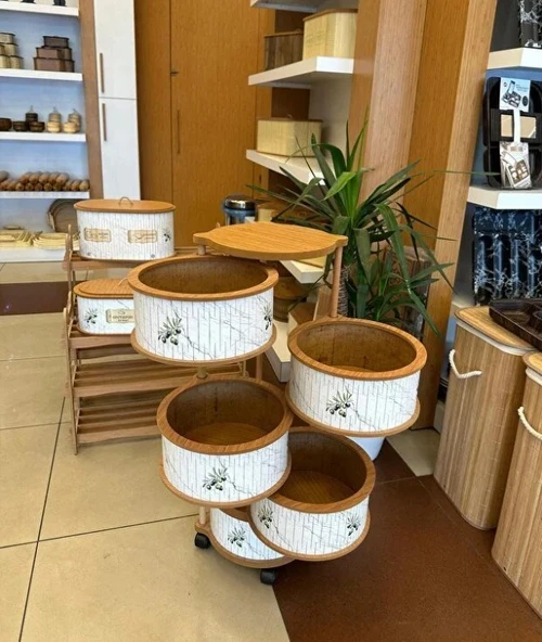 Ahşap Yuvarlak Zeytin Sebzelik 5 Katlı Yana Açılır Patates Soğan Tekerlekli Sebzelik - Resim 2