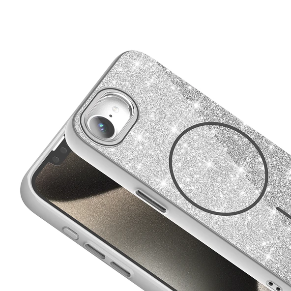 Apple iPhone 16E Kılıf M-safe Şarj Özellikli Parlayan Simli  Okso Kapak - Resim 6