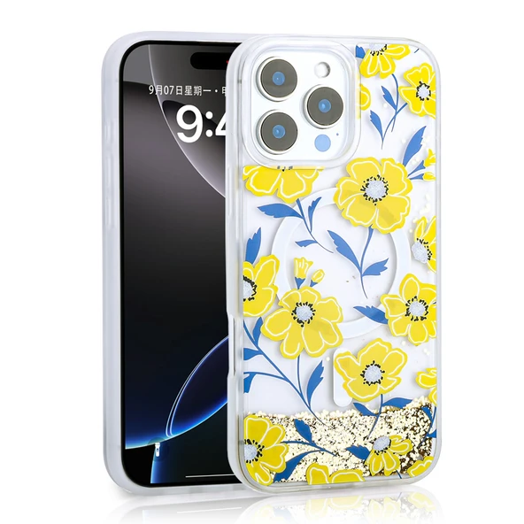 Apple iPhone 16 Pro Max Kılıf Sıvılı Simli Baskılı Şeffaf Arka Yüzey  Mossa Silikon Kapak ürün görseli