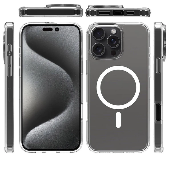 Apple iPhone 16 Pro Max Kılıf M-safe Şarj Özellikli Şeffaf Sert PC  Embos Kapak - Resim 7