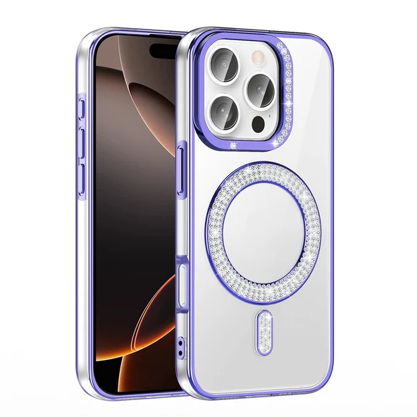 Apple iPhone 16 Pro Max Kılıf Pırlanta Taş Tasarımlı M-safe Şarj Özellikli  Karetta Silikon Kapak - Resim 7