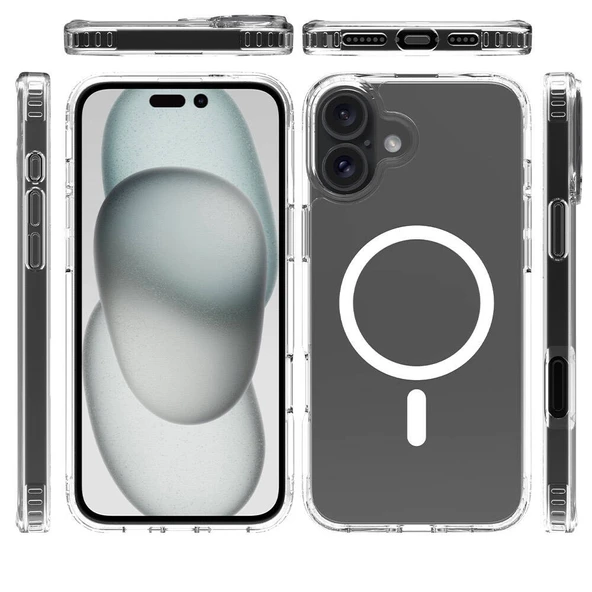 Apple iPhone 16 Plus Kılıf M-safe Şarj Özellikli Şeffaf Sert PC  Embos Kapak - Resim 6