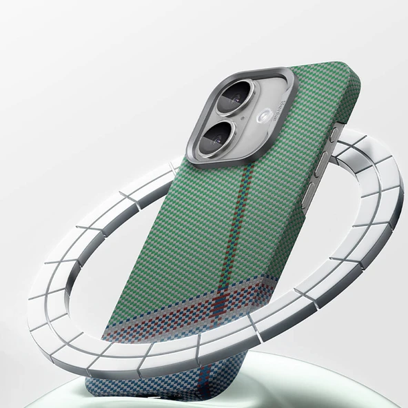 Apple iPhone 16 Plus Kılıf M-safe Şarj Özellikli Karbon Fiber Tasarımlı Benks Passion Green ArmorAir Kevlar Kapak - Resim 5