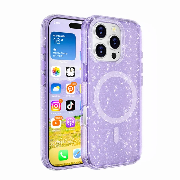 Apple iPhone 16 Pro Kılıf M-safe Şarj Özellikli Parlayan Simli Saydam Renkli  Allstar Kapak ürün görseli