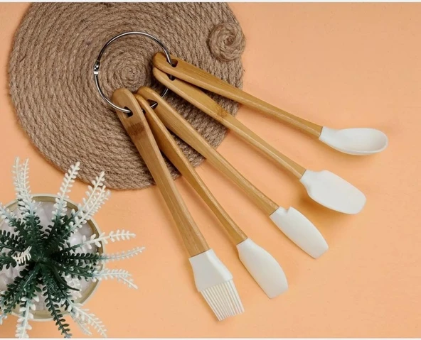 BAMBU SAPLI SLİKON UÇLU 5 PARÇA MİNİ SPATULA KAŞIK FIRÇA SETİ