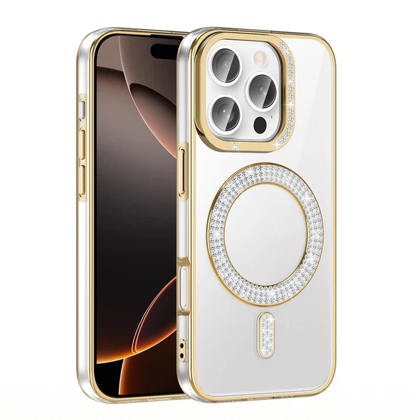 Apple iPhone 16 Pro Max Kılıf Pırlanta Taş Tasarımlı M-safe Şarj Özellikli  Karetta Silikon Kapak - Resim 3