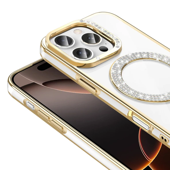 Apple iPhone 16 Pro Max Kılıf Pırlanta Taş Tasarımlı M-safe Şarj Özellikli  Karetta Silikon Kapak - Resim 4