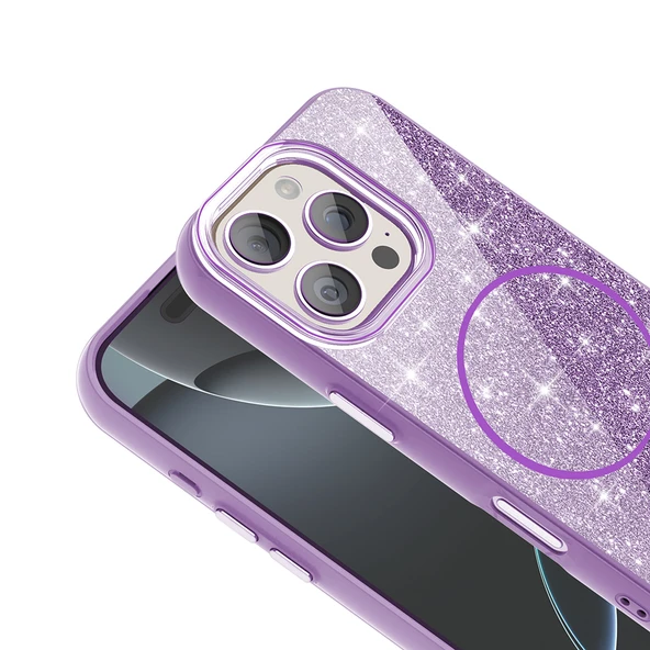 Apple iPhone 16 Pro Kılıf M-safe Şarj Özellikli Parlayan Simli  Okso Kapak - Resim 4