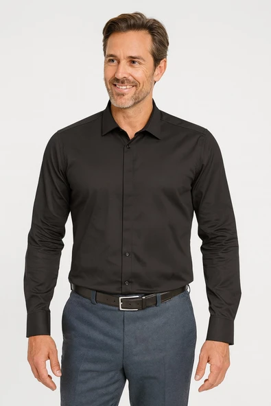 Erkek Klasik Gömlek – Pamuklu Esnek Kumaş,Slim Fit Uzun Kollu, Fransız Manşetli Plus Scorpion - Resim 5