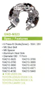 DİYOT TABLASI>TOYOTA LEXUSES 3303.3L-RX3303.3L-CAMRY3.0L 117mm(6DIOT)M6 - GENON-GND-N523 ürün görseli 1