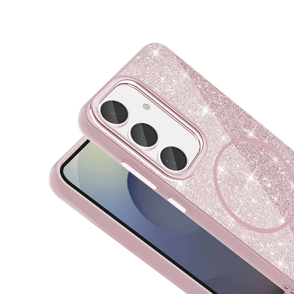 Galaxy S24 FE Kılıf M-safe Şarj Özellikli Parlayan Simli  Okso Kapak - Resim 4