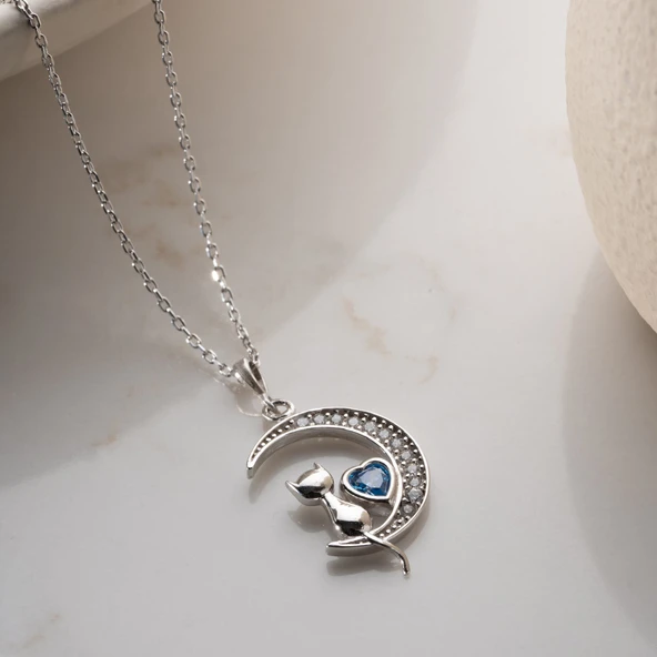 Vaoov 925 Ayar Gümüş Mavi Kalpli Ay ve Kedi Kolye - Resim 2