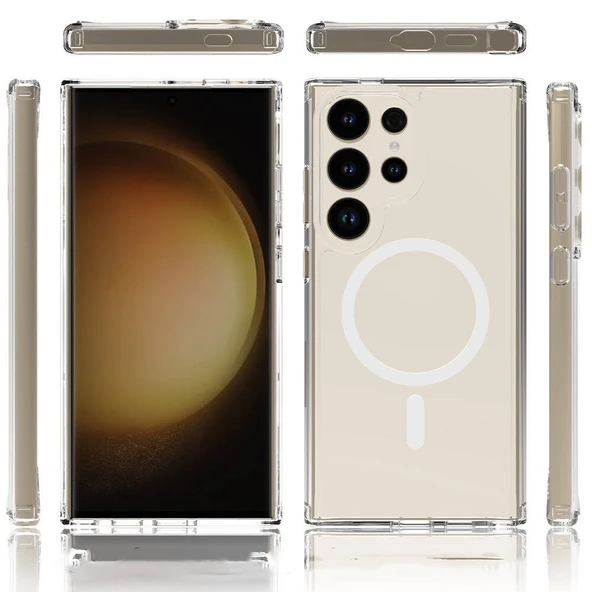 Galaxy S24 Ultra Kılıf M-safe Şarj Özellikli Şeffaf Sert PC  Embos Kapak - Resim 3