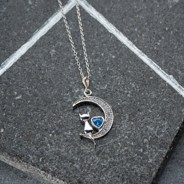 Vaoov 925 Ayar Gümüş Mavi Kalpli Ay ve Kedi Kolye - Resim 6