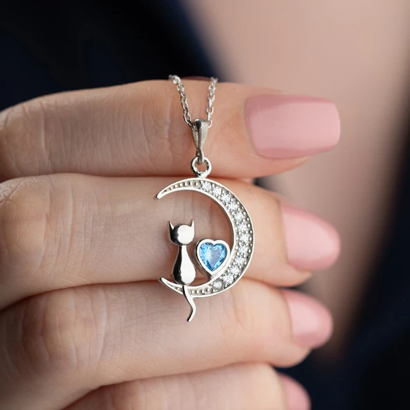 Vaoov 925 Ayar Gümüş Mavi Kalpli Ay ve Kedi Kolye ürün görseli
