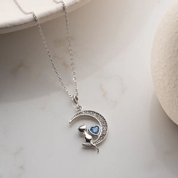 Vaoov 925 Ayar Gümüş Mavi Kalpli Ay ve Kedi Kolye - Resim 4
