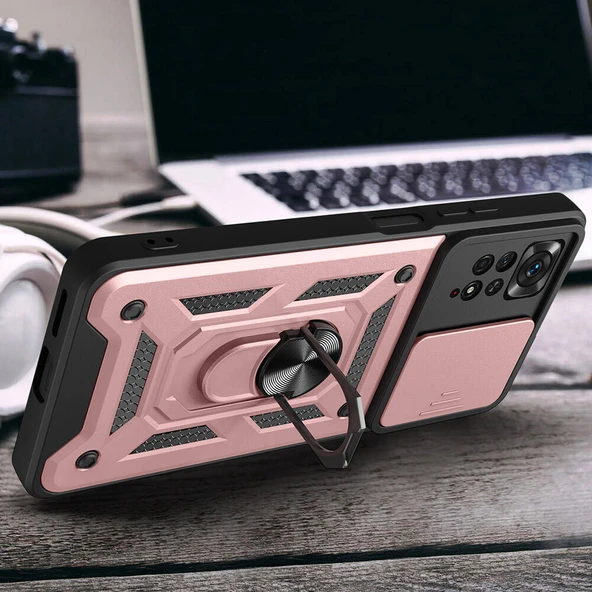 Xiaomi Redmi Note 11 Pro 4G Kılıf Magnetik Standlı Kamera Korumalı  Sürgülü Vega Kapak - Resim 6