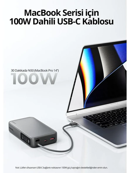 PB-Y48-GY 100W 20000 mAh PD Dahili Type-C Kablolu Powerbank - Resim 3