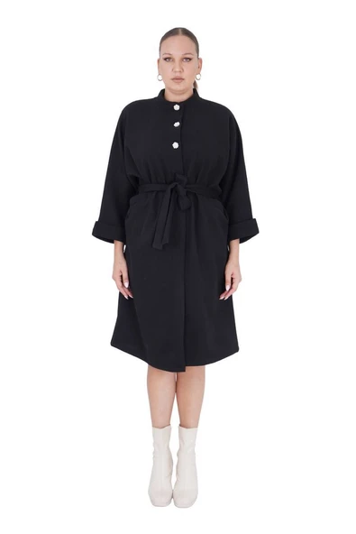 Kadın Büyük Beden Dizaltı Kuşaklı Siyah Kaban