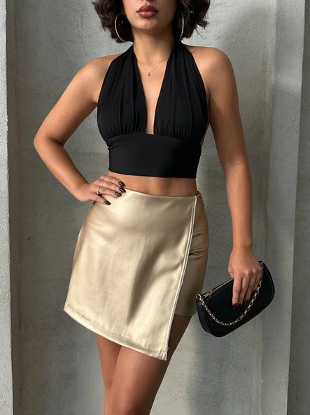 BİÇOMİ Taşlı şort etek deri gold h240018 - Resim 3