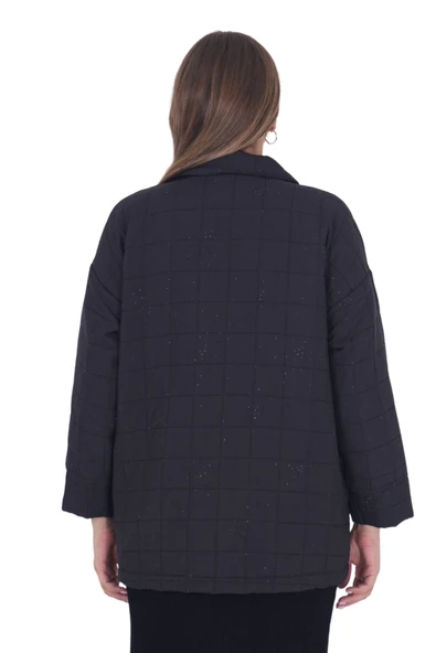 Kadın Büyük Beden Taşlı Spor Şık Düğmeli Ceket - 3