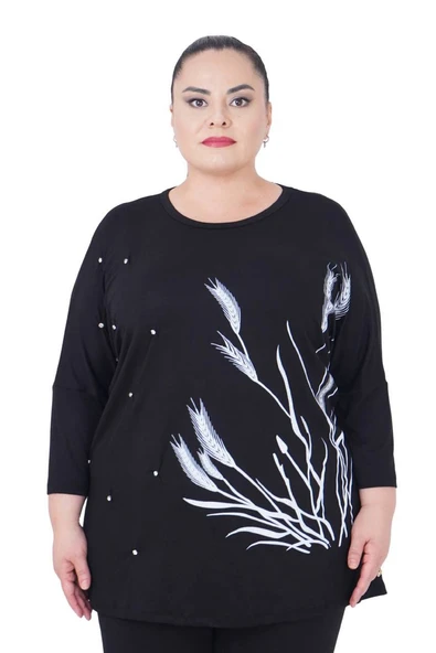 Kadın Büyük Beden Siyah İnci Detaylı Oversize Bluz ürün görseli